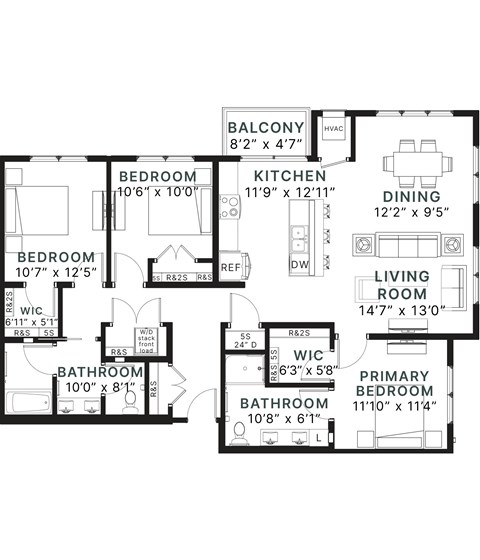 Floor plan for 3 beds, 2 baths, 1490 sqft